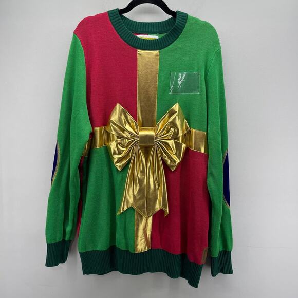 Tipsy Elves Christmas Present Gold Bow NameTag Red Green Ugly Christmas Sweater - Picture 1 of 7